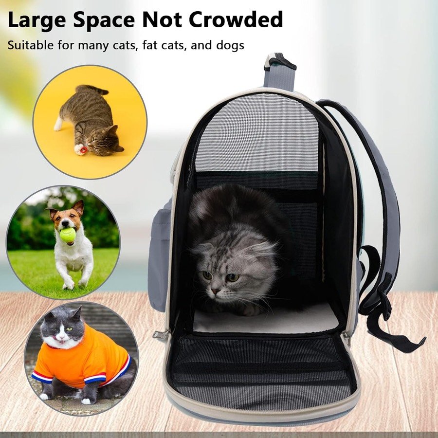Ver imagen 5 de 6: Mochila Mocoli abierta por delante con un gato persa gris dentro y miniaturas de gatos y perros pequeños