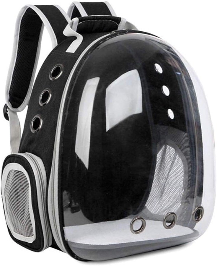 Mochila de transporte Pet Capsule negra con la cúpula transparente, los orificios de ventilación y el panel lateral de malla