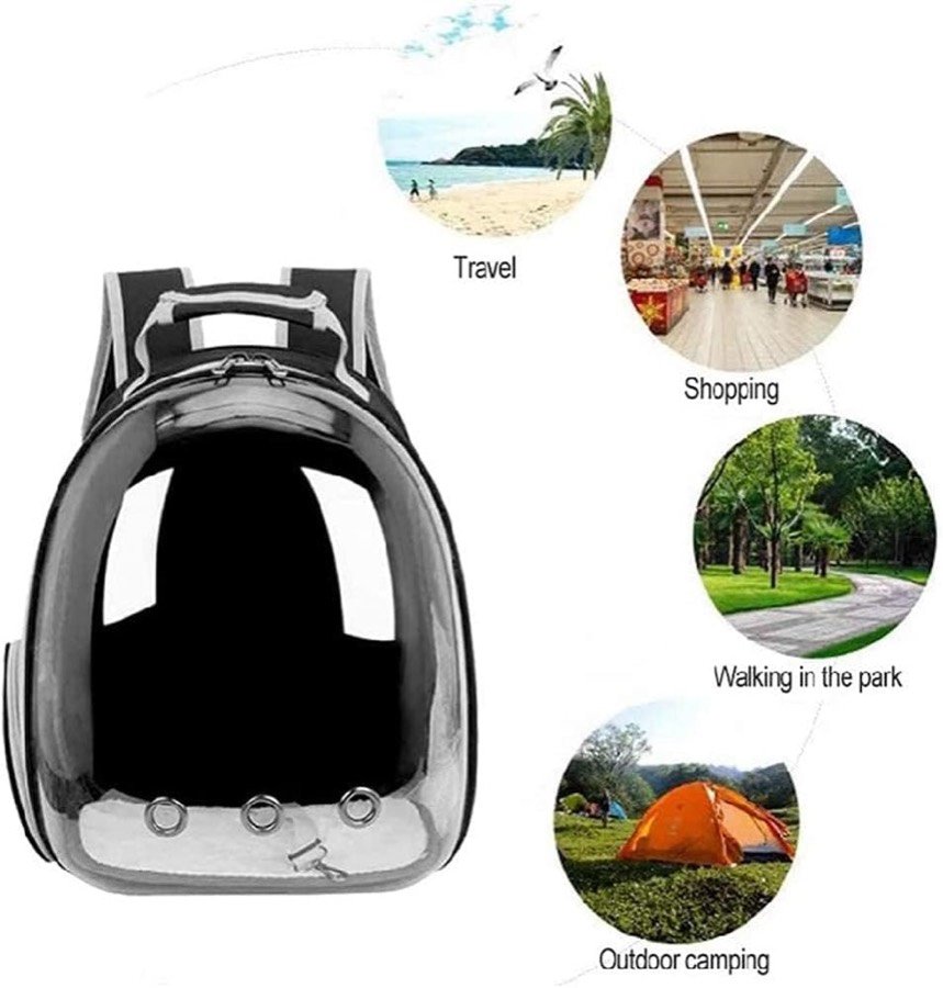 Ver imagen 2 de 6: Mochila Pet Capsule negra rodeada de cuatro usos: viaje, compras, paseo por el parque y acampada