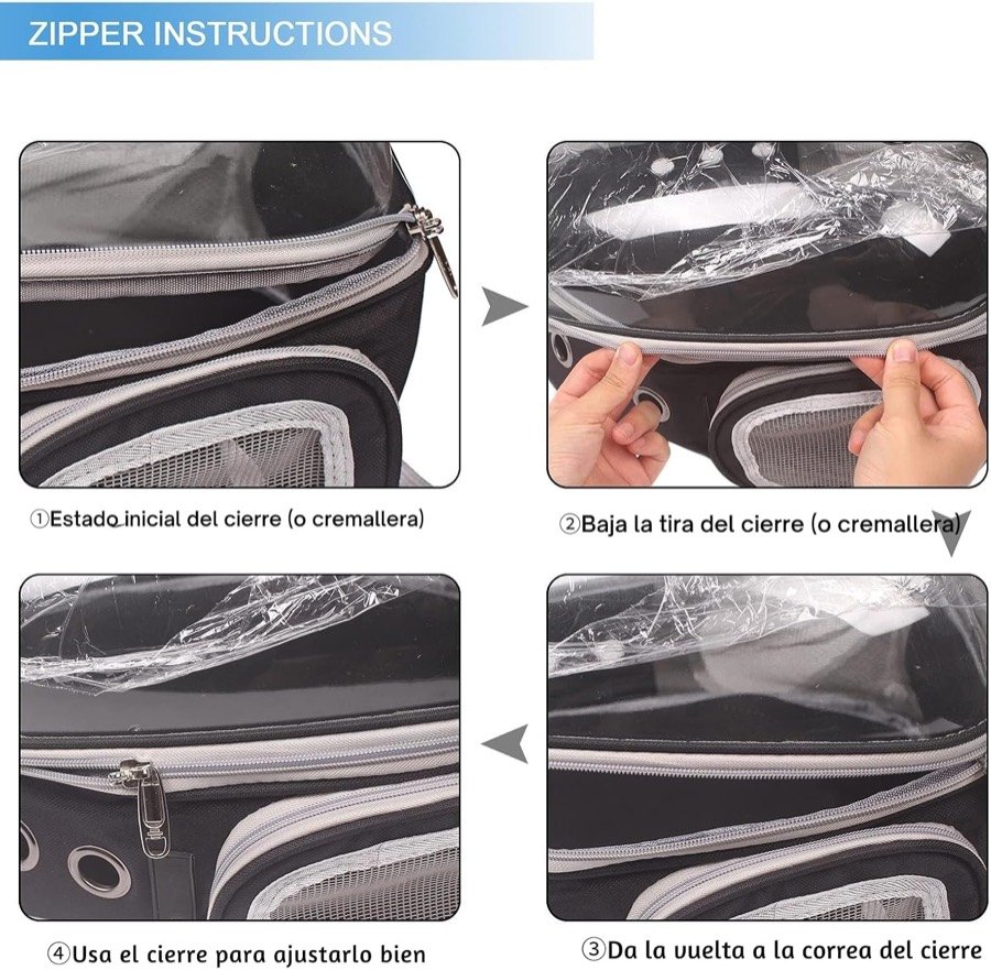 Ver imagen 3 de 6: Instrucciones en cuatro pasos para abrir y cerrar la cremallera de la cúpula transparente de la mochila Pet Capsule