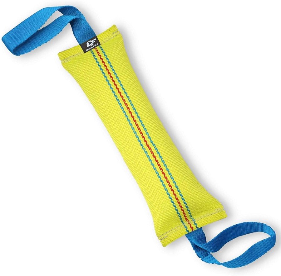 Mordedor Bull Fit amarillo de manguera de bomberos con dos asas azules de nailon