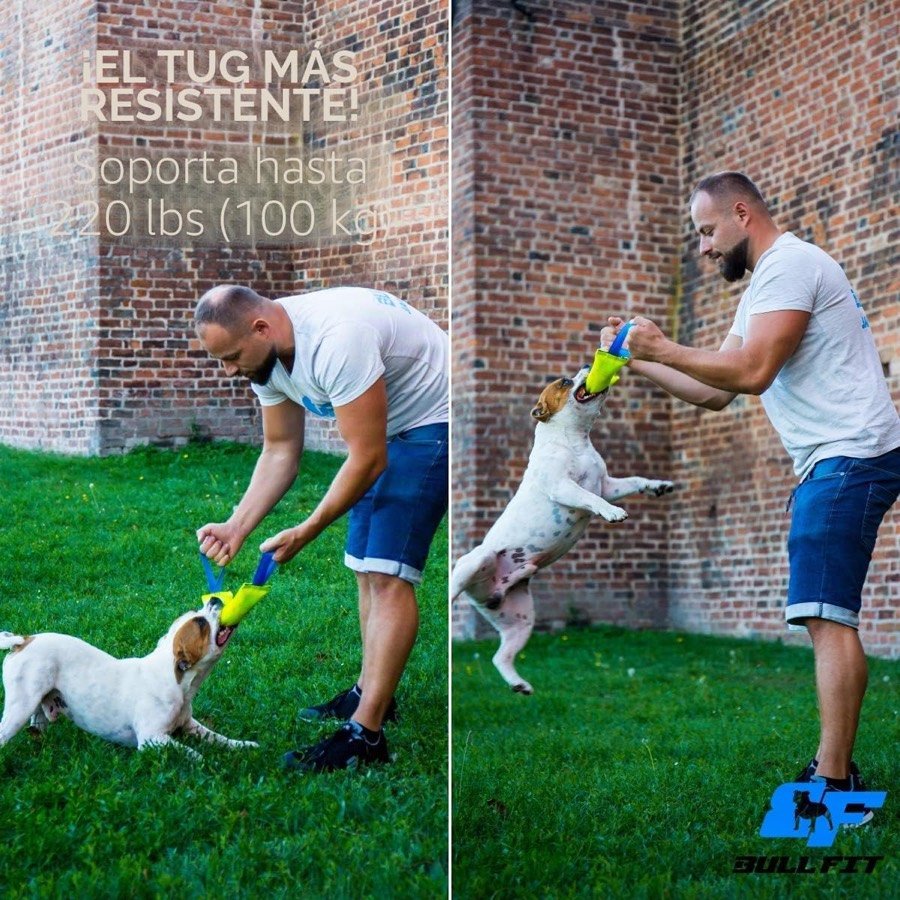 Ver imagen 4 de 6: Hombre jugando a tirar con un perro pequeño que salta agarrado al mordedor, con la indicación de que soporta 100 kg