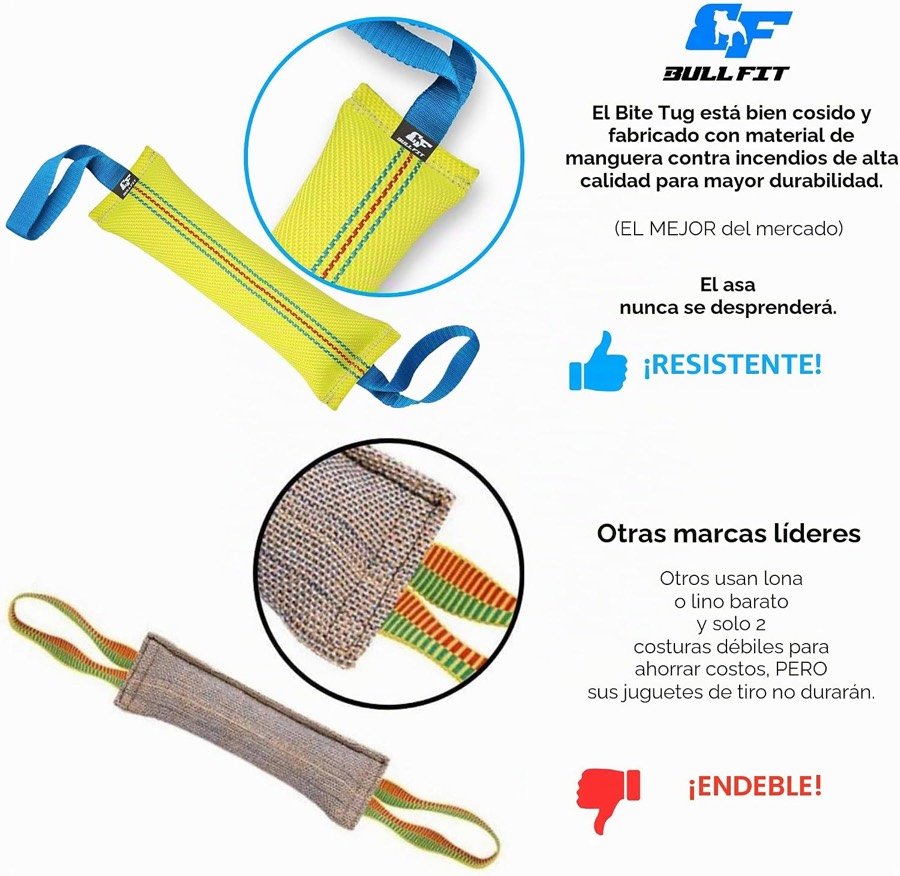 Ver imagen 5 de 6: Comparación del fabricante entre su mordedor de manguera de bomberos y los de lona de otras marcas