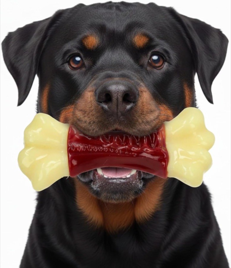 Rottweiler mirando a cámara con el hueso de nylon CE EVI rojo y crema en la boca