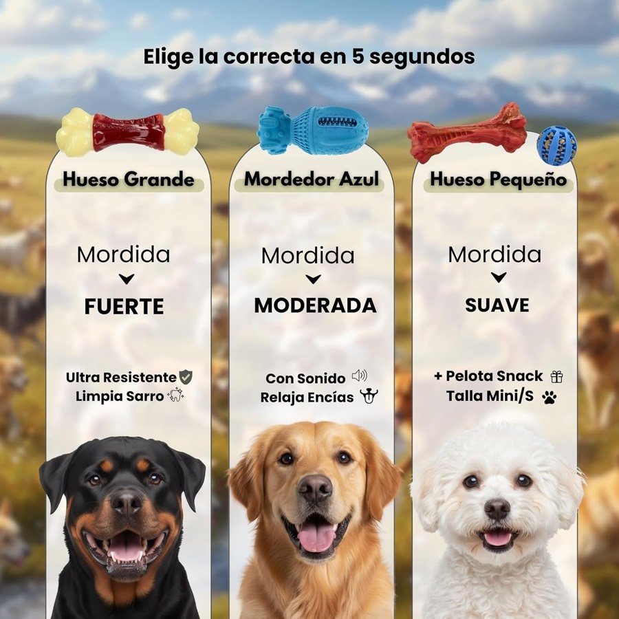 Ver imagen 2 de 6: Cuadro del fabricante con las tres versiones del mordedor según la mordida: fuerte, moderada y suave