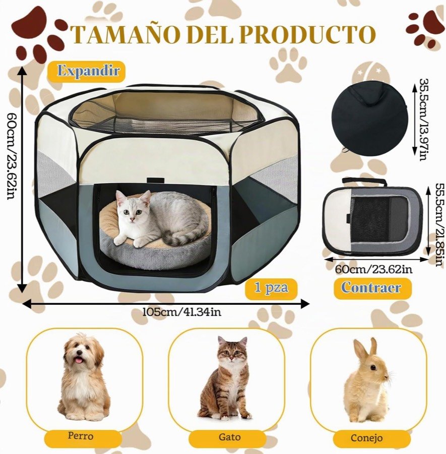 Ver imagen 2 de 6: Medidas del parque de tela: 105 cm de ancho y 60 cm de alto desplegado, y la bolsa de 60 cm para guardarlo, con perro, gato y conejo como usuarios