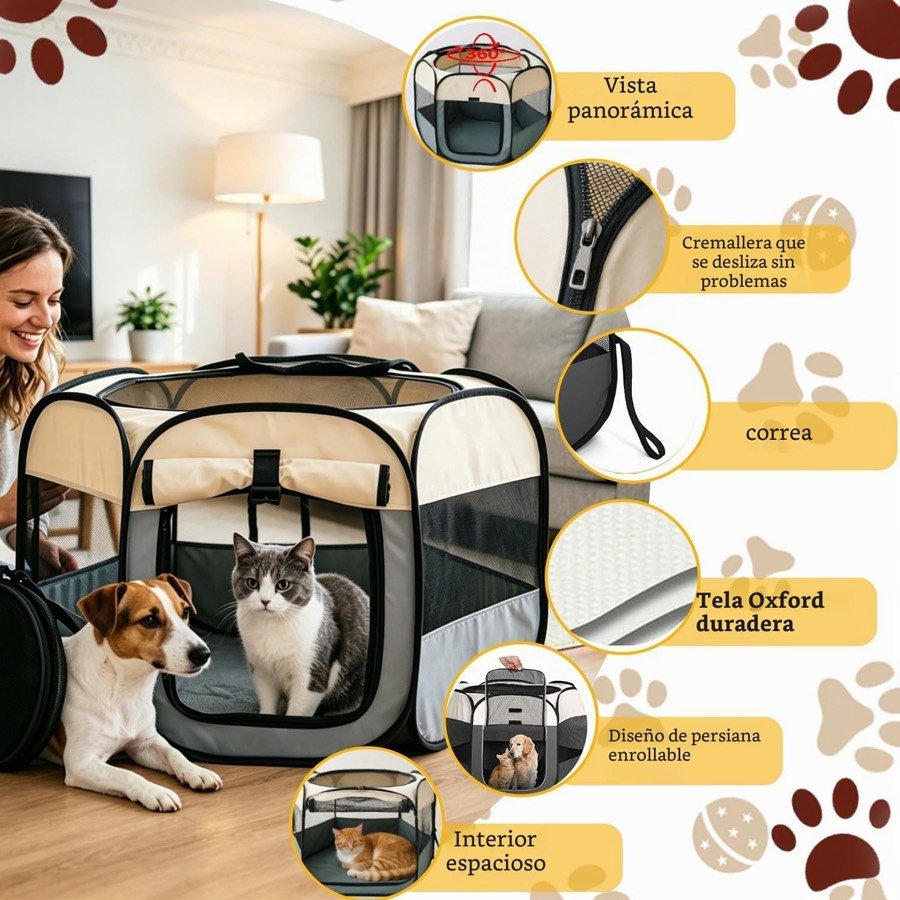 Ver imagen 3 de 6: Mujer junto al parque de tela en un salón con un perro y un gato, con detalles del techo, la cremallera, la correa, la tela Oxford y la persiana enrollable