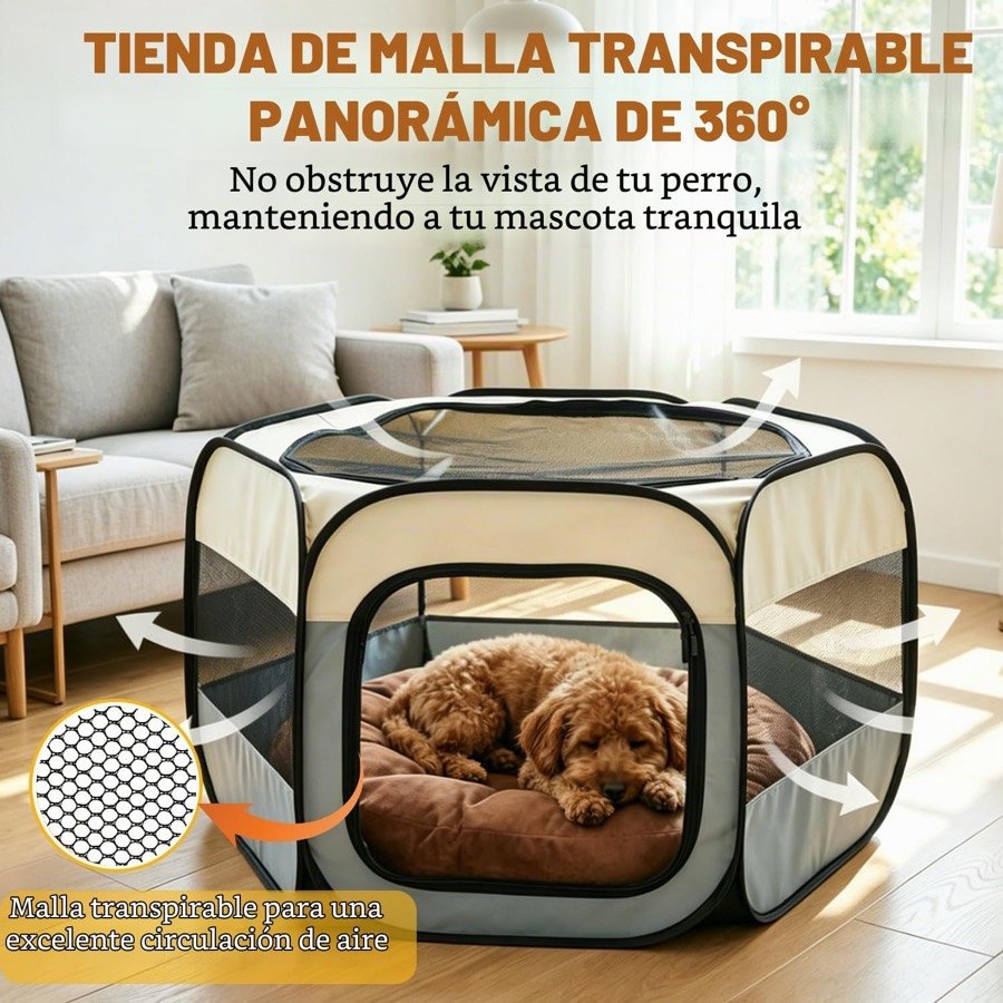 Ver imagen 4 de 6: Caniche durmiendo dentro del parque de tela, con el detalle de la malla transpirable de las paredes
