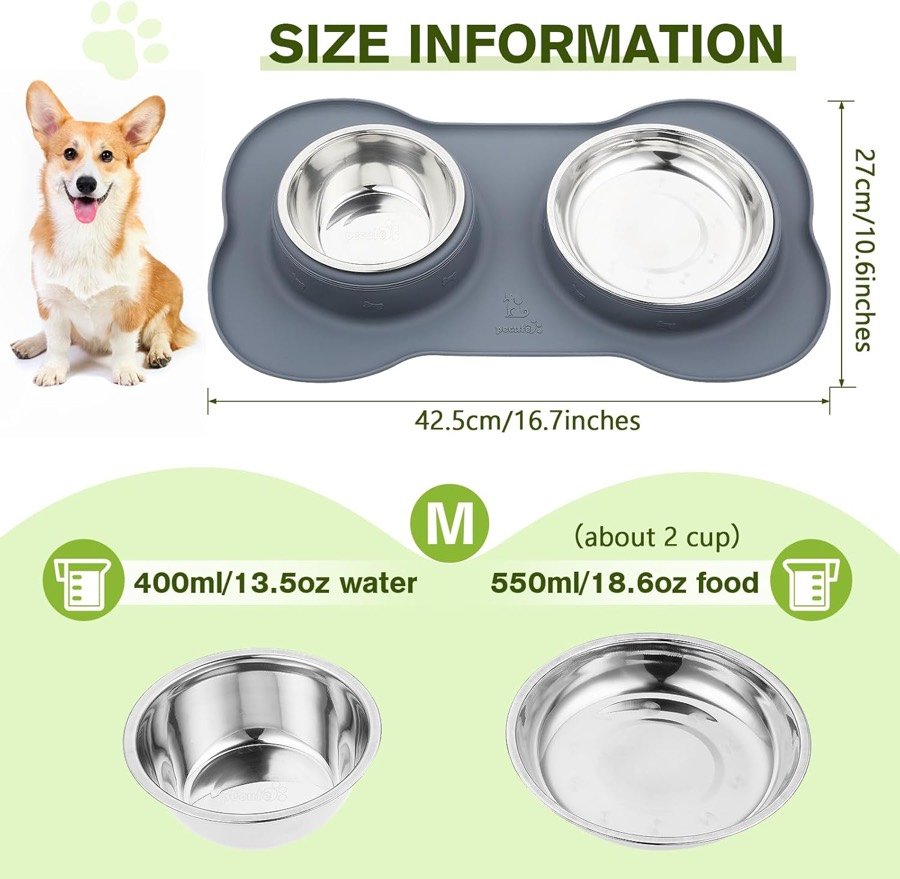 Ver imagen 2 de 6: Medidas del comedero Pecute talla M: bandeja de 42,5 × 27 cm, cuenco de agua de 400 ml y cuenco de comida de 550 ml