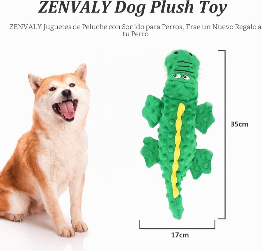 Ver imagen 2 de 6: Shiba inu sentado junto al cocodrilo de peluche, con sus medidas de 35 × 17 cm