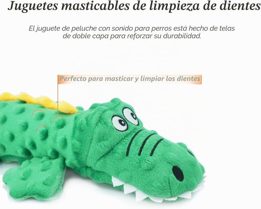 Ver imagen 6 de 6: Cocodrilo de peluche visto de lado, con el texto del fabricante sobre su tela de doble capa