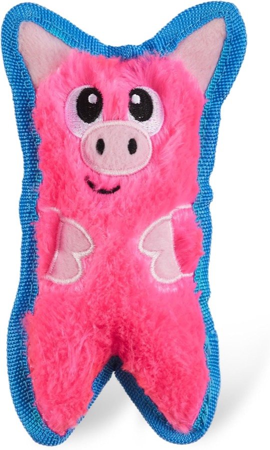 Outward Hound Invincibles Minis: cerdito plano de felpa rosa con ribete azul