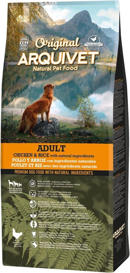 Saco de 12 kg del pienso Arquivet Original Adult de pollo y arroz, visto de frente