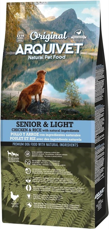 Saco de 12 kg del pienso Arquivet Original Senior y Light de pollo y arroz, visto de frente