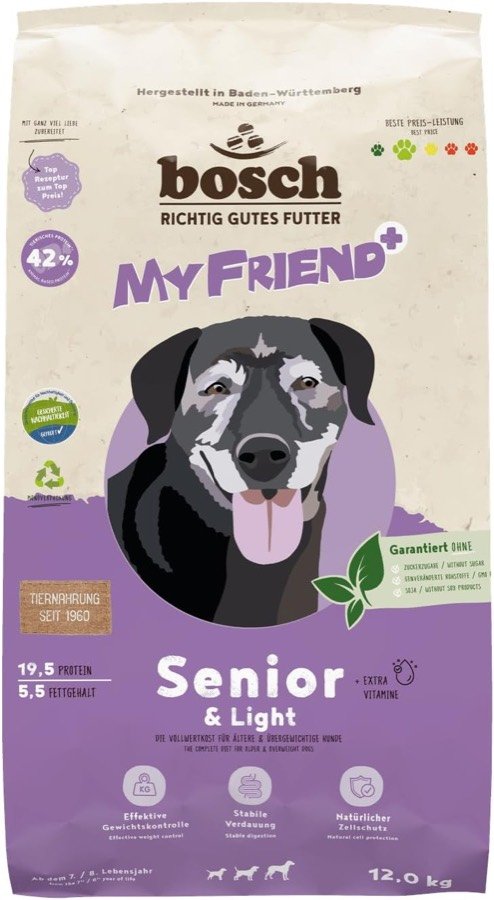 Saco de 12 kg del pienso bosch My Friend+ Senior & Light, visto de frente