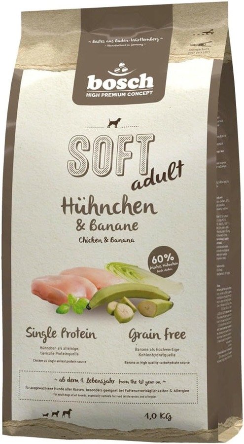 Bolsa de 1 kg del pienso semihúmedo bosch HPC Soft de pollo y plátano