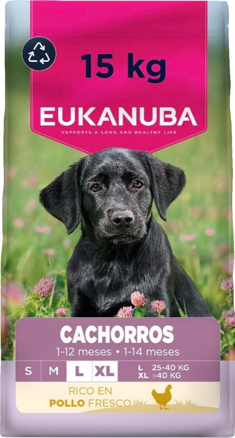 Saco de 15 kg de Eukanuba Cachorros para razas grandes, con un labrador negro en la portada