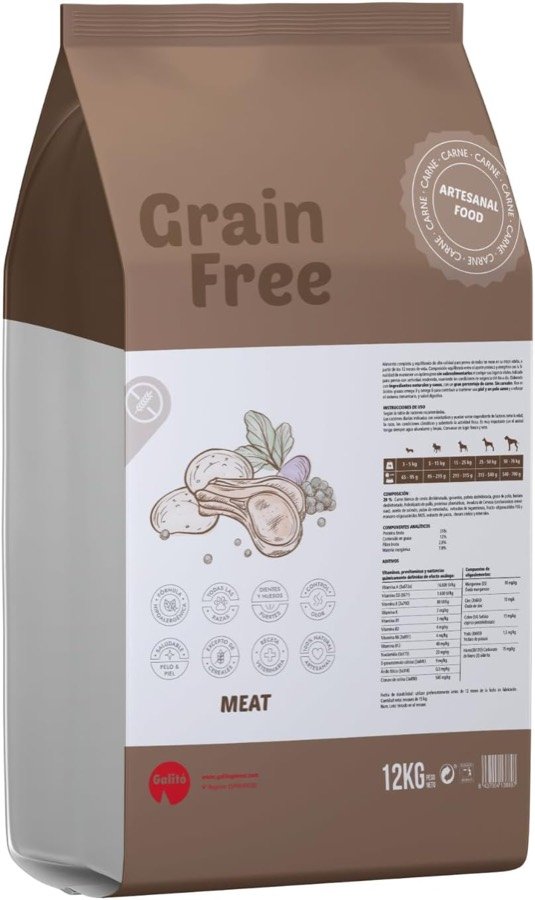 Saco de 12 kg del pienso GALITO Grain Free de cerdo, visto de frente