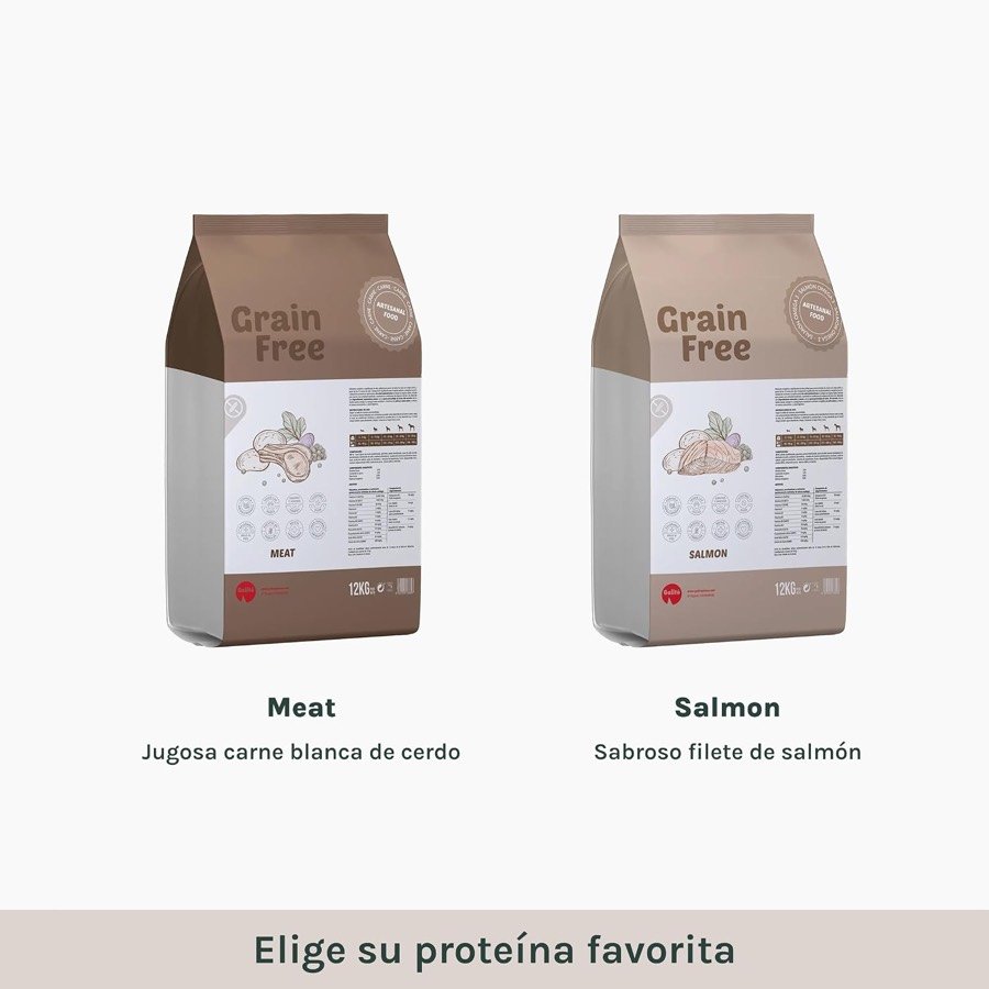 Ver imagen 4 de 6: Los dos sabores de la gama GALITO Grain Free uno junto a otro: cerdo y salmón