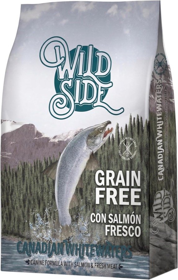 Saco de 10,4 kg del pienso Wild Side Grain Free de salmón fresco, visto de frente