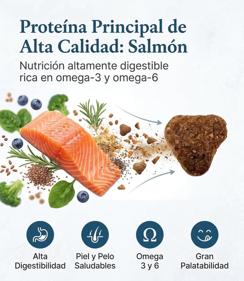 Ver imagen 3 de 6: Filete de salmón junto a las croquetas, ilustrando que el salmón es la proteína principal