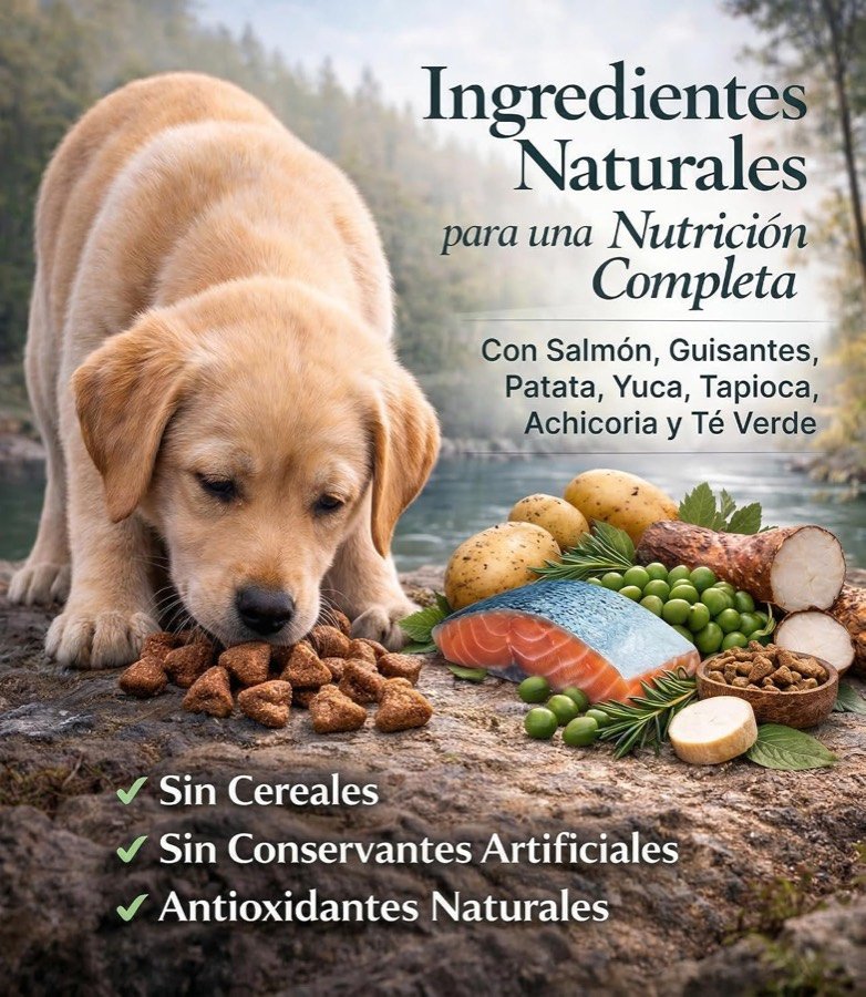 Ver imagen 4 de 6: Cachorro de labrador junto a los ingredientes naturales de la receta: salmón, guisantes, patata, yuca y tapioca