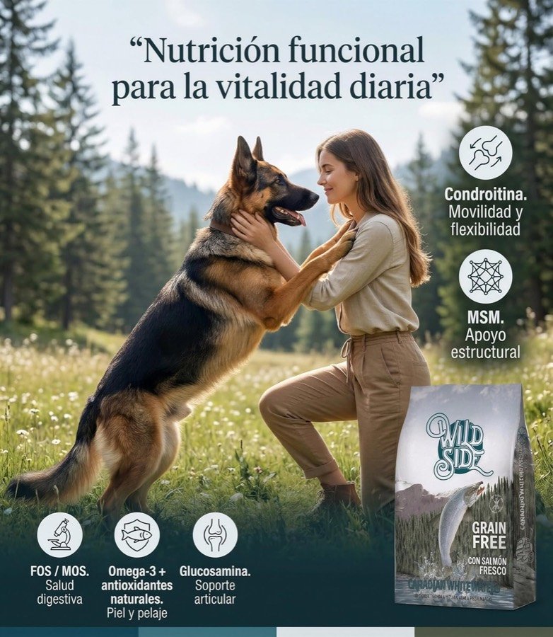 Ver imagen 6 de 6: Perro saltando en el campo junto al saco, en la lámina de nutrición funcional del fabricante