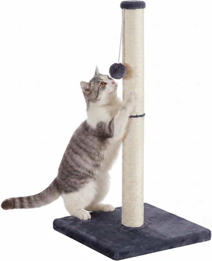 Gato atigrado rascando el poste Feandrea de 84 cm sobre una base cuadrada gris oscuro, con un pompón colgante