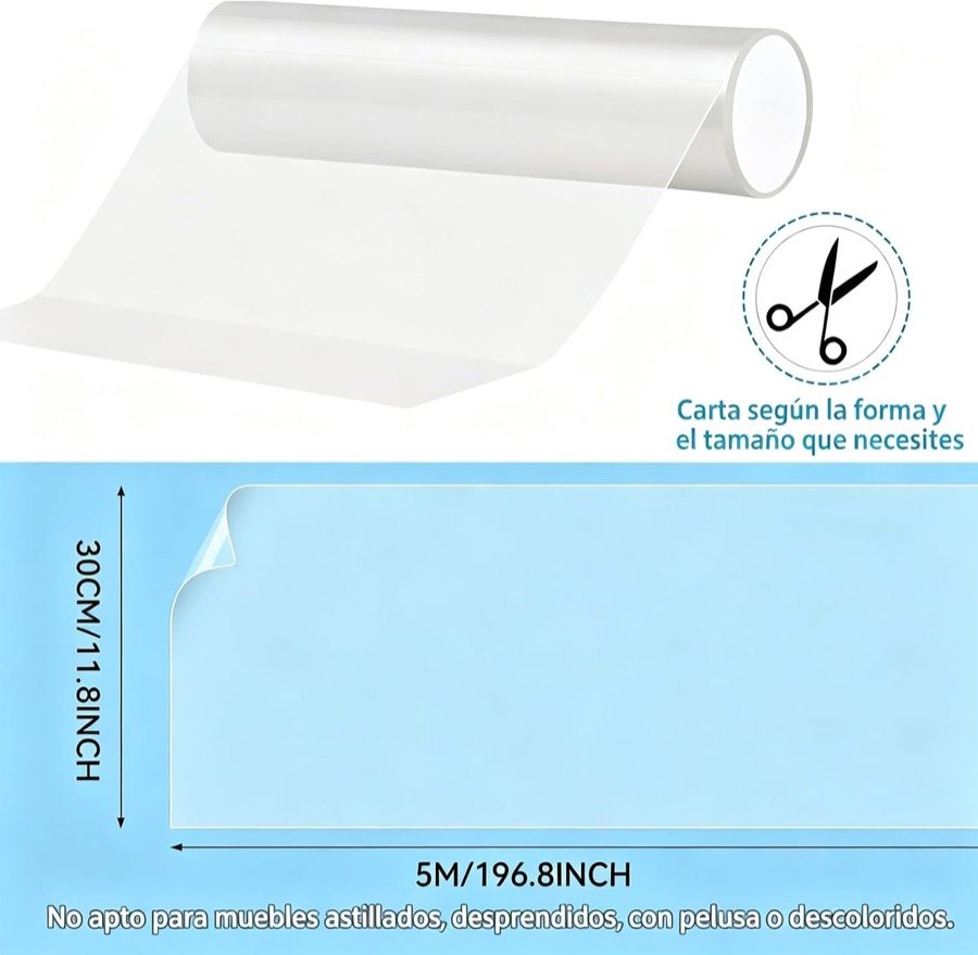 Ver imagen 2 de 6: Medidas del rollo, 30 cm × 5 m, con el aviso de que no es apto para muebles astillados, con pelusa o descoloridos