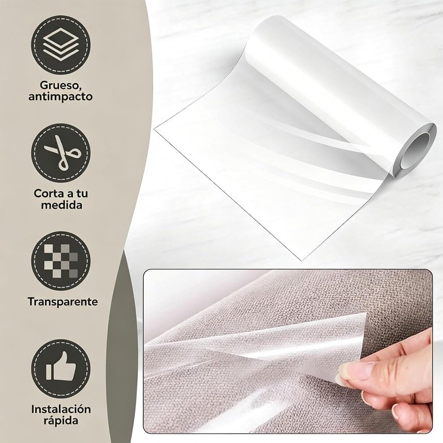 Ver imagen 3 de 6: Detalle de la lámina transparente con iconos de grosor, corte a medida, transparencia e instalación rápida