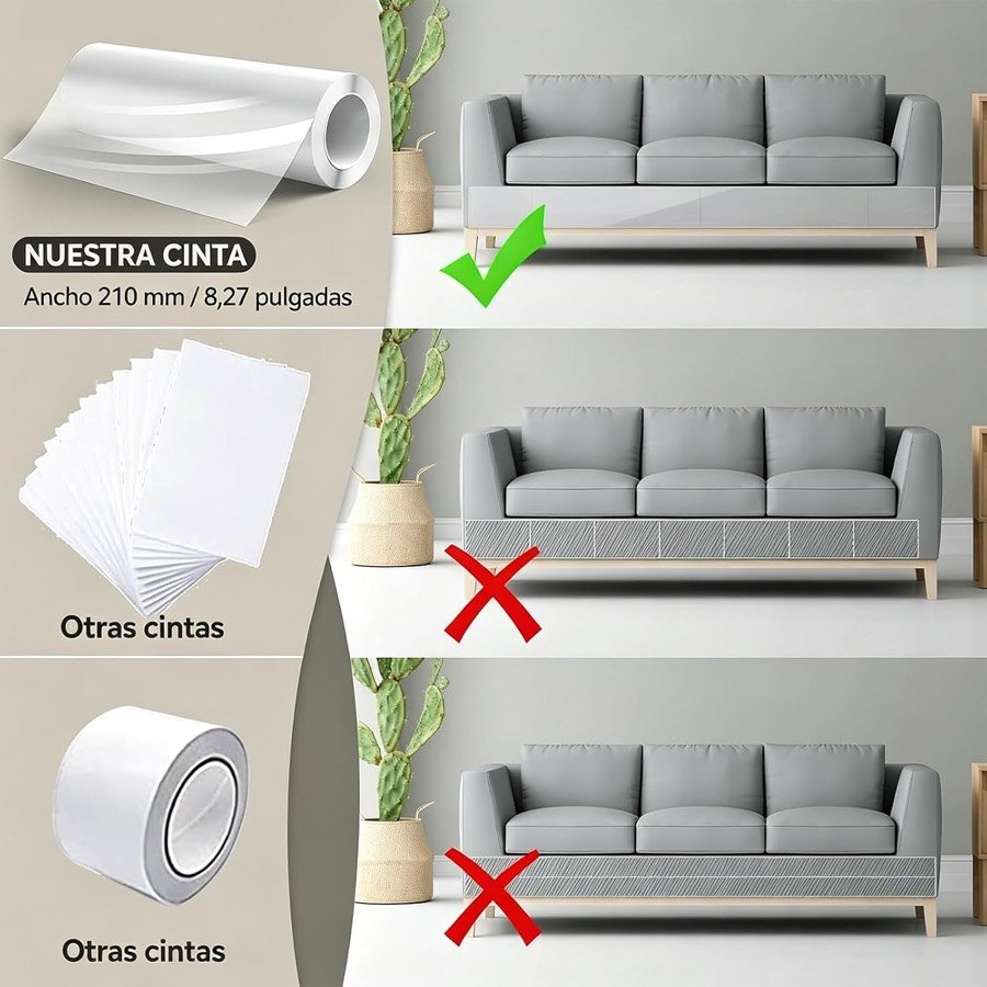 Ver imagen 4 de 6: Comparación del fabricante entre su lámina y otras cintas sobre un sofá gris