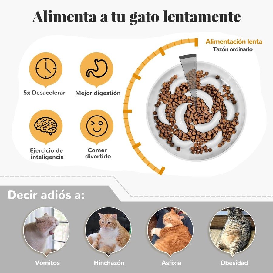 Ver imagen 3 de 6: Lámina del fabricante con los beneficios declarados y los cuatro problemas que dice evitar: vómitos, hinchazón, asfixia y obesidad