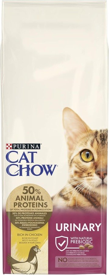 Saco beige de Purina Cat Chow Urinary con un gato atigrado en la portada y el sello de 50 % de proteínas animales