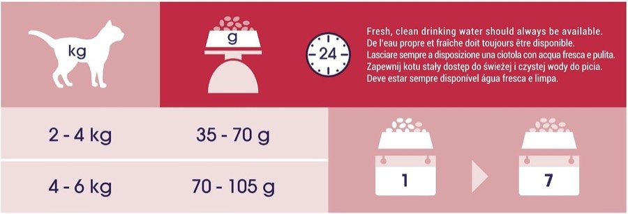 Ver imagen 6 de 6: Tabla multilingüe de raciones de Purina Cat Chow con los tramos de 2 a 4 y de 4 a 6 kilos
