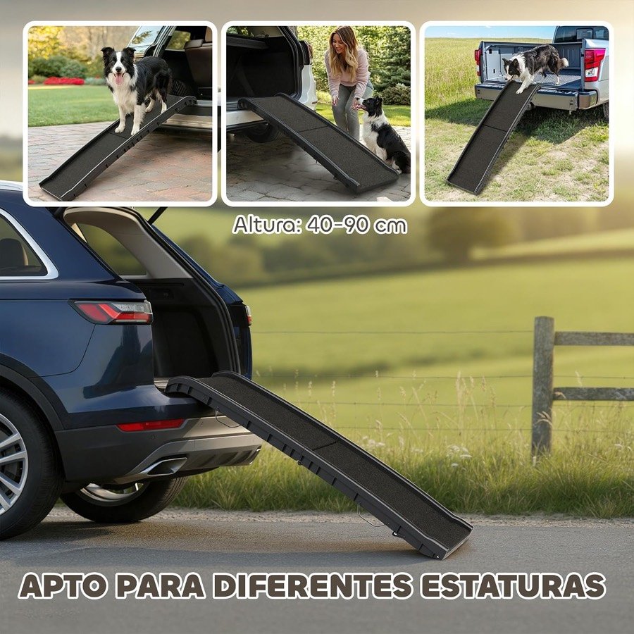 Ver imagen 4 de 6: La rampa PawHut apoyada en coches de distintas alturas, con el rótulo de altura de 40 a 90 cm