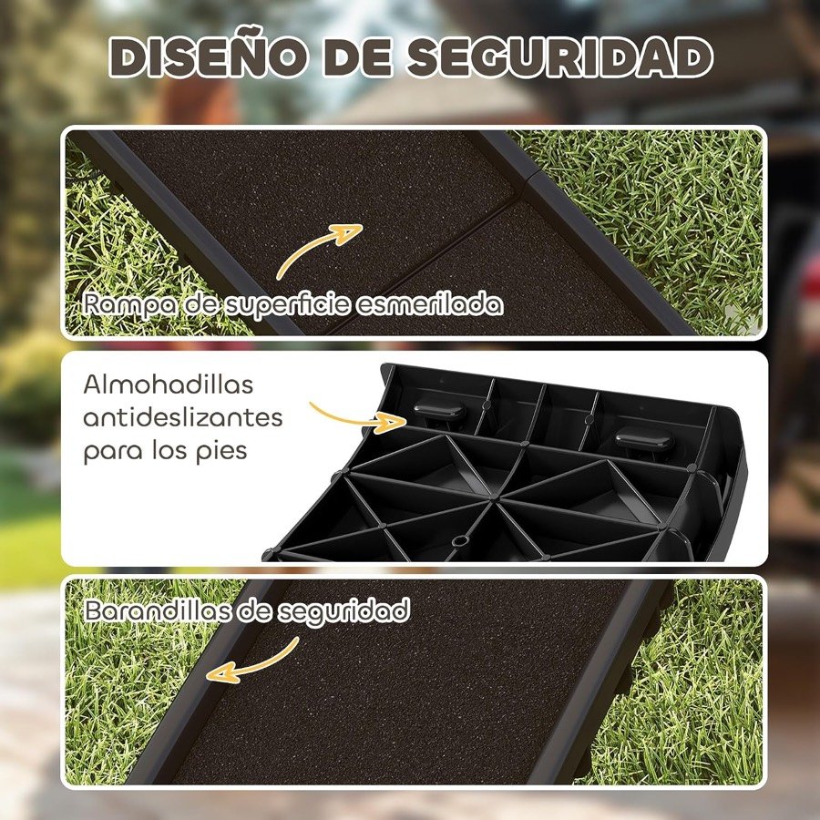 Ver imagen 5 de 6: Detalles de seguridad de la rampa PawHut: superficie esmerilada, almohadillas antideslizantes y barandillas laterales