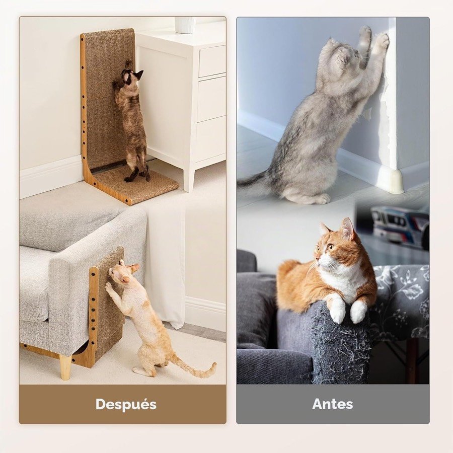 Ver imagen 3 de 6: Comparación de antes y después: gatos arañando el sofá y gatos rascando el rascador en L apoyado contra él