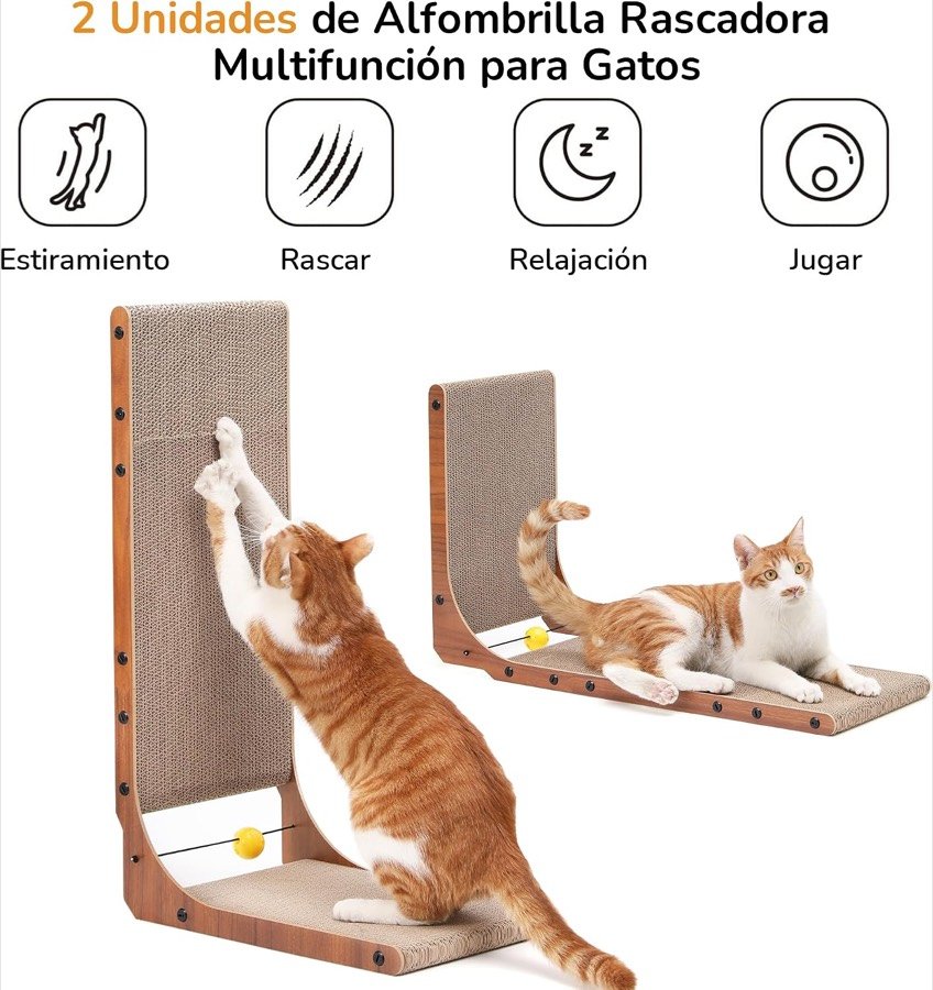 Ver imagen 2 de 6: Gato naranja estirado rascando un rascador en L y otro gato tumbado en el segundo, con iconos de estirarse, rascar, relajarse y jugar