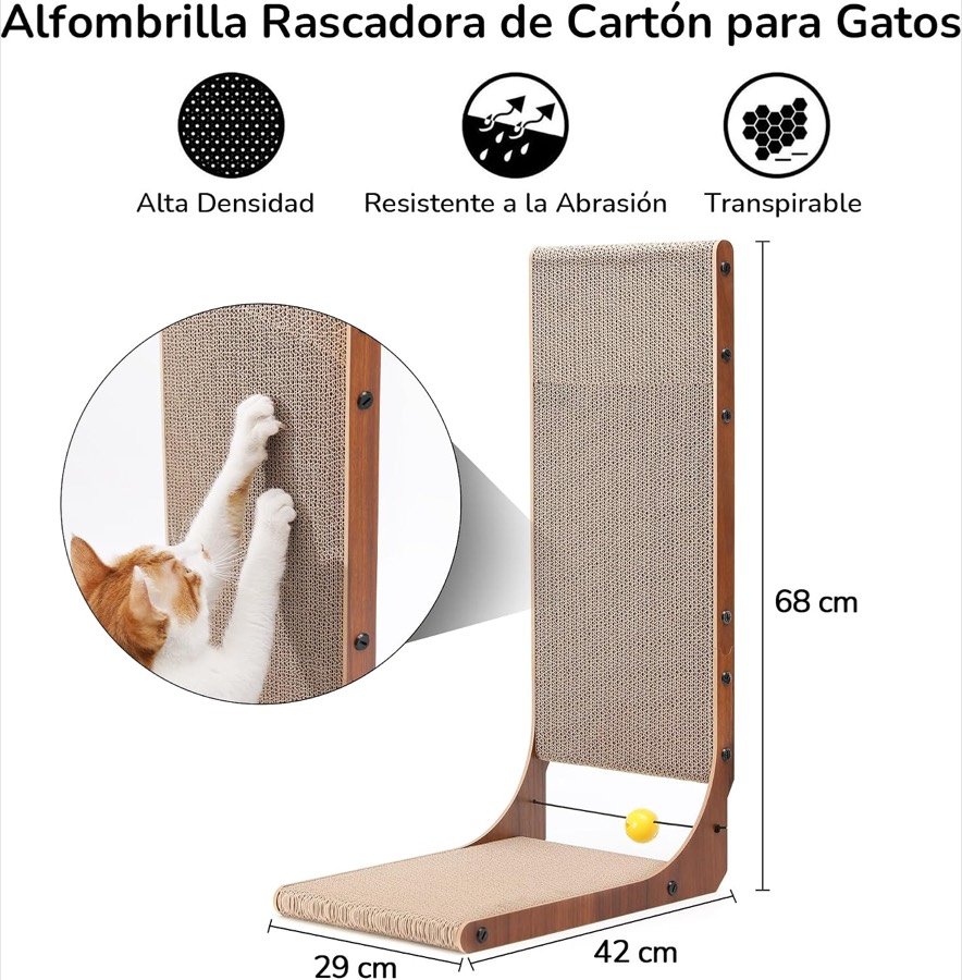 Ver imagen 6 de 6: Medidas del rascador en L: 68 cm de alto, 42 cm de base y 29 cm de ancho