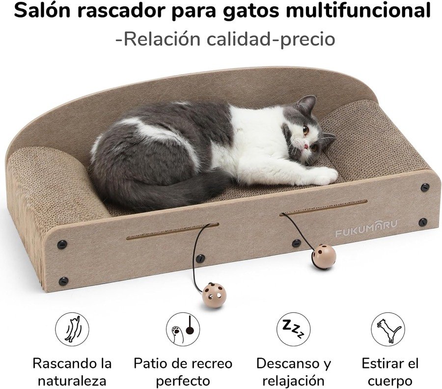 Ver imagen 2 de 6: Gato blanco y negro dormido en el rascador sofá, con iconos de rascar, jugar, descansar y estirarse