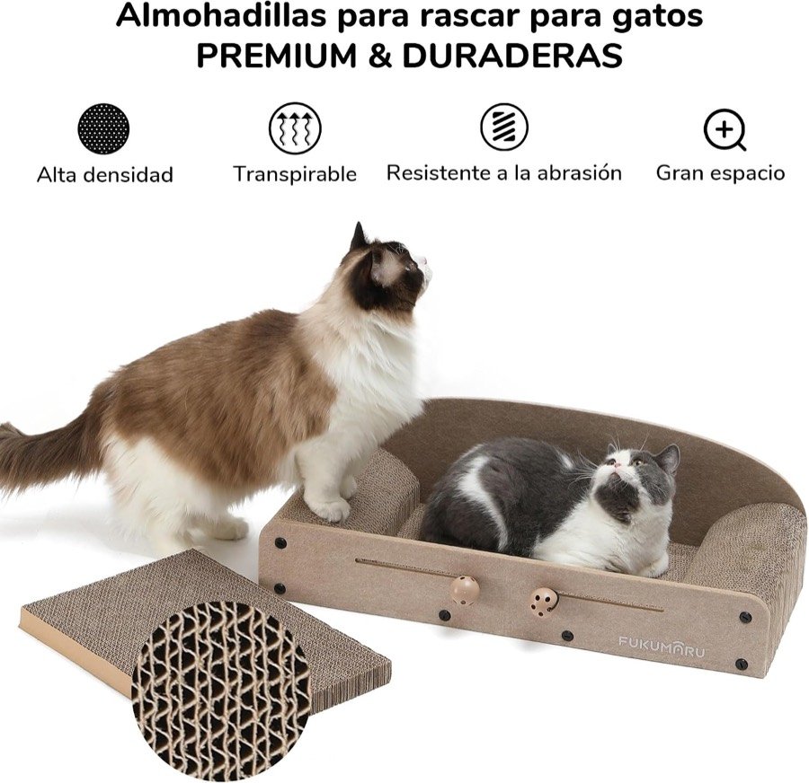 Ver imagen 3 de 6: Gato ragdoll junto al sofá rascador con otro gato tumbado dentro, y detalle del cartón ondulado