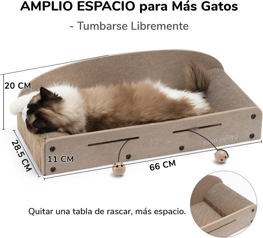 Ver imagen 5 de 6: Medidas del rascador sofá: 66 × 28,5 × 20 cm, con la opción de quitar una tabla para dejar más espacio