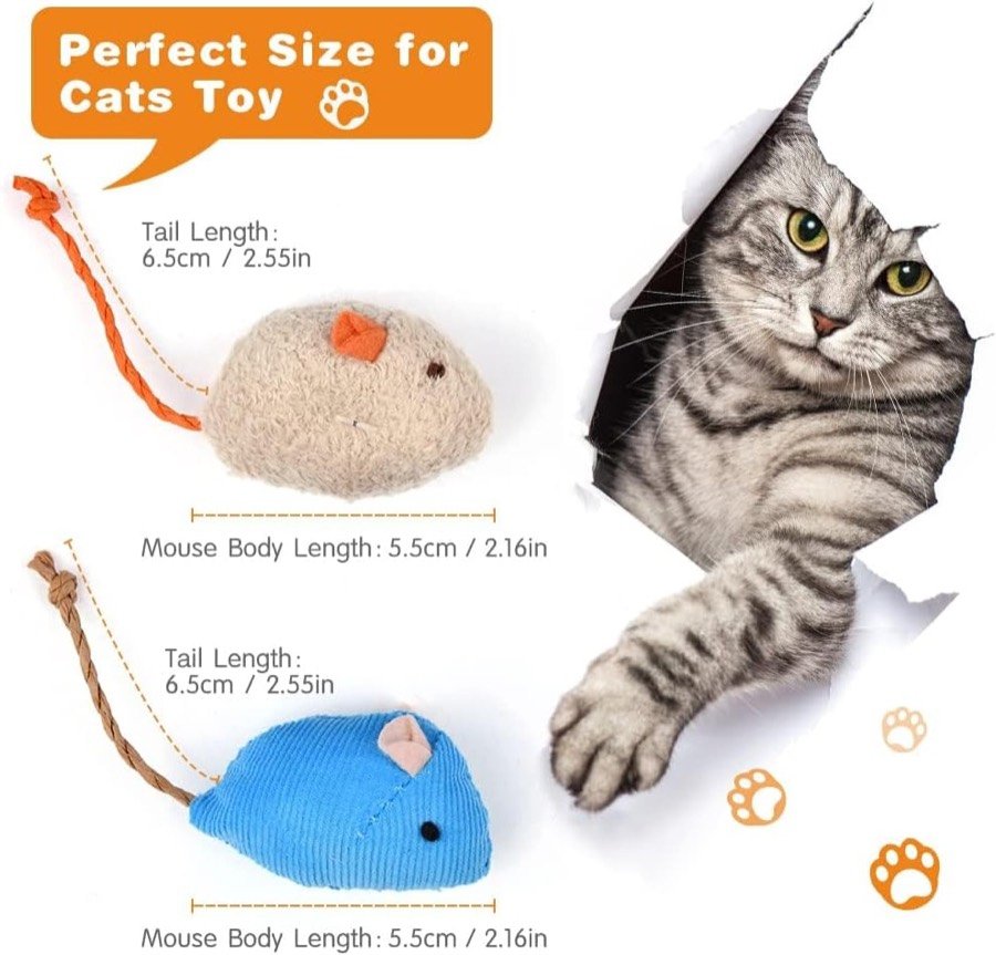 Ver imagen 2 de 6: Medidas de los ratones: 5,5 cm de cuerpo y 6,5 cm de cola, junto a un gato asomado