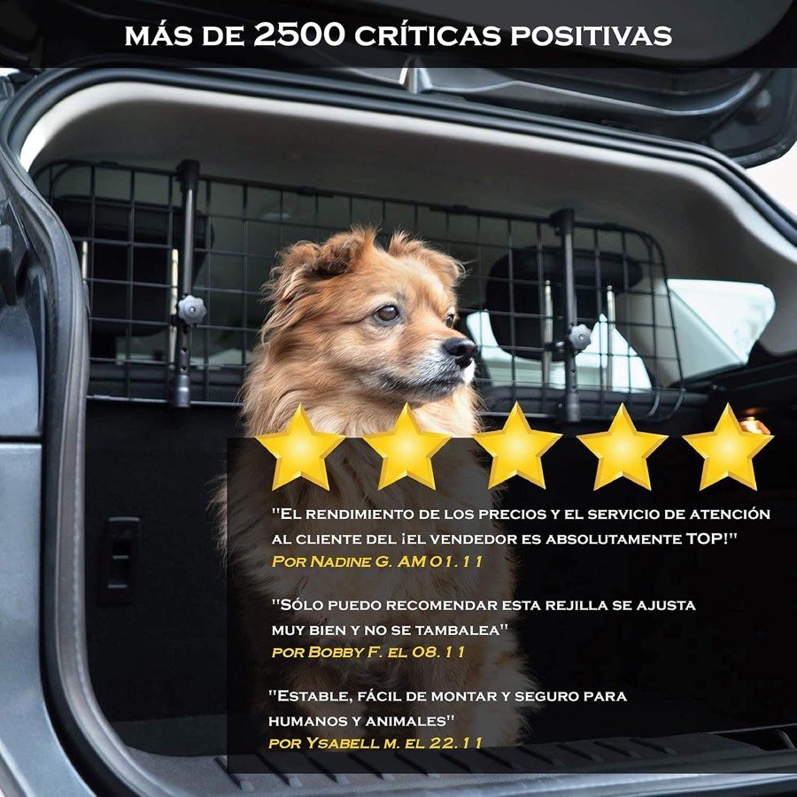 Ver imagen 3 de 6: Perro en el maletero tras la rejilla Heldenwerk, con tres opiniones de compradores y cinco estrellas sobreimpresas por el fabricante