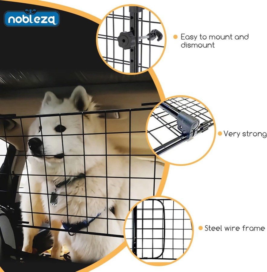 Ver imagen 3 de 6: Samoyedo detrás de la rejilla Nobleza en un coche, con los detalles de montaje, resistencia y marco de alambre de acero