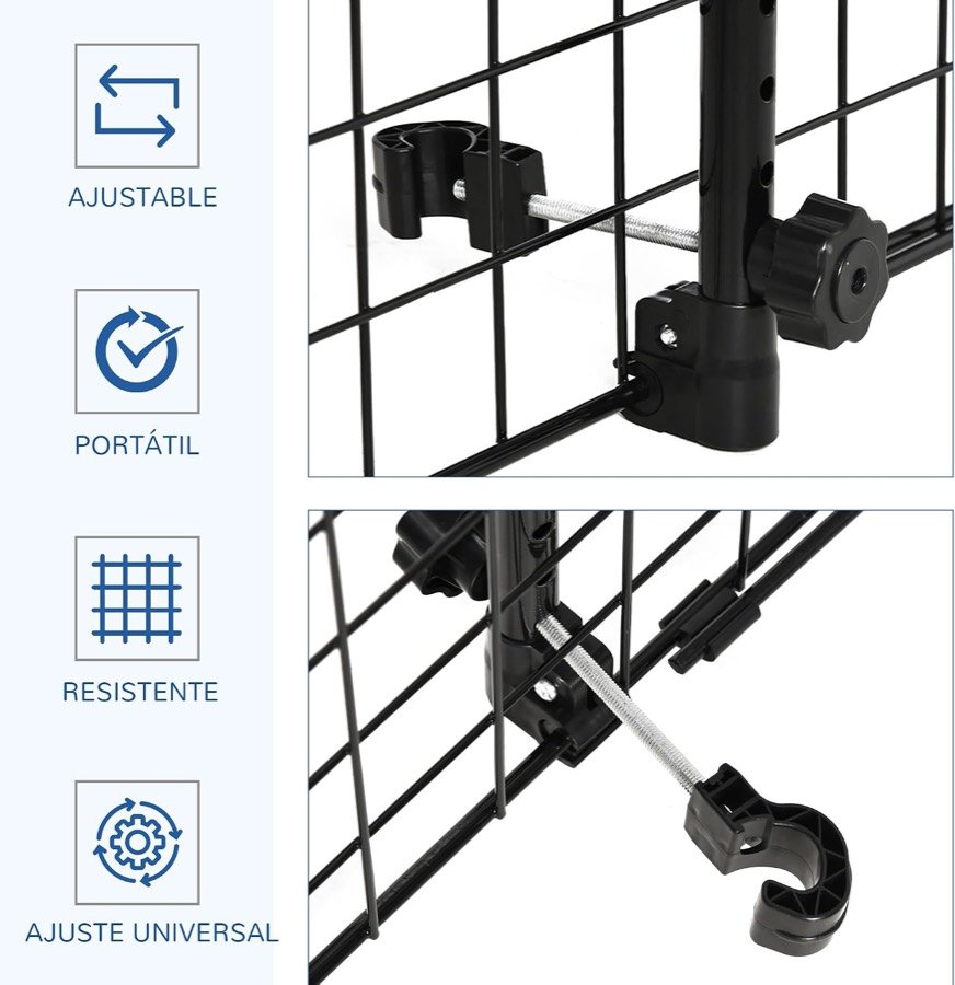 Ver imagen 3 de 6: Rótulos de ajustable, portátil, resistente y ajuste universal junto al detalle de las abrazaderas de la rejilla PawHut