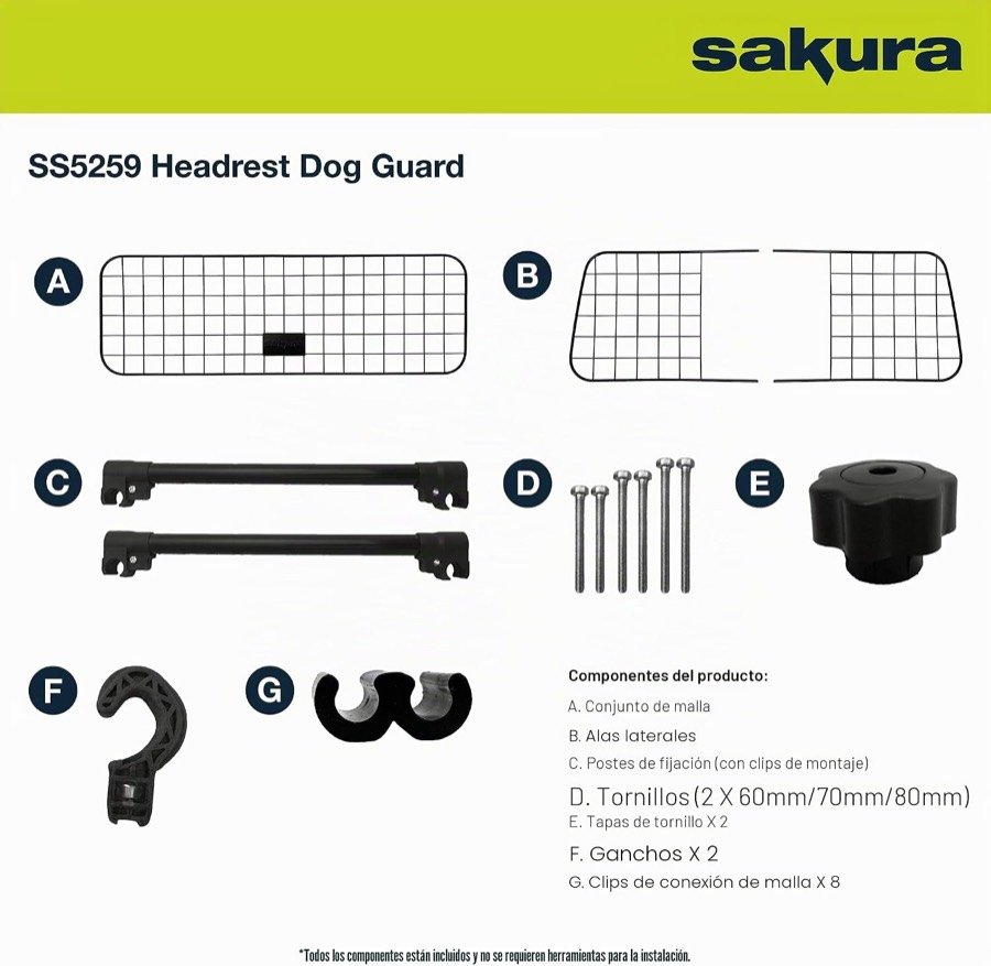 Ver imagen 6 de 6: Piezas de la rejilla Sakura: malla, alas laterales, postes de fijación, tornillos de 60, 70 y 80 mm, tapas, ganchos y clips