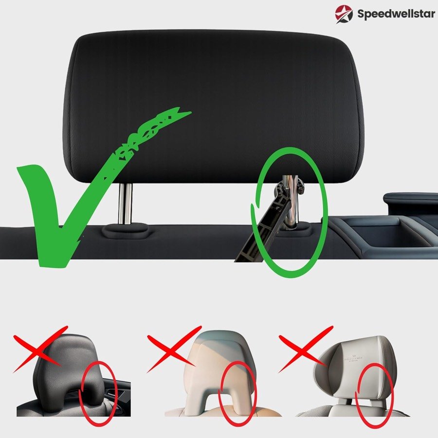 Ver imagen 2 de 6: Reposacabezas con barras metálicas visibles marcado como compatible frente a tres reposacabezas integrados o sin barras, tachados