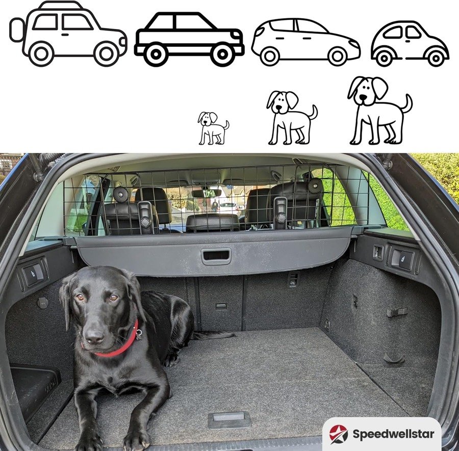 Ver imagen 5 de 6: Siluetas de coches y perros de varios tamaños sobre un labrador negro tumbado en un maletero con la rejilla Speedwellstar