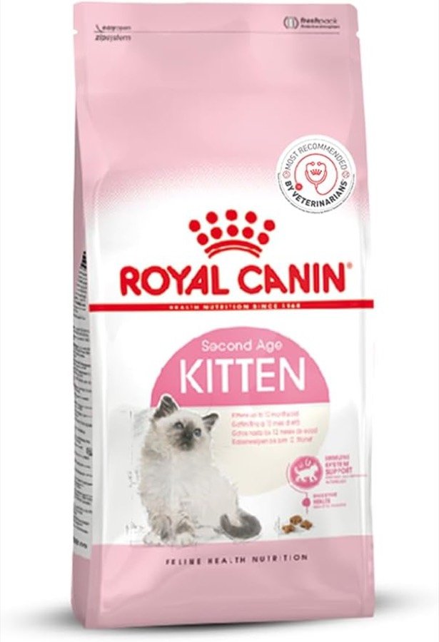 Saco rosa de Royal Canin Second Age Kitten con un gatito de ojos azules en la portada